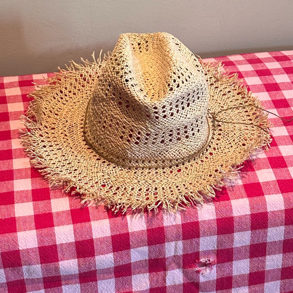 Boho Woven Straw Sun Hat w/ Wide Frayed Brim – Beachy Summer Fedora Style